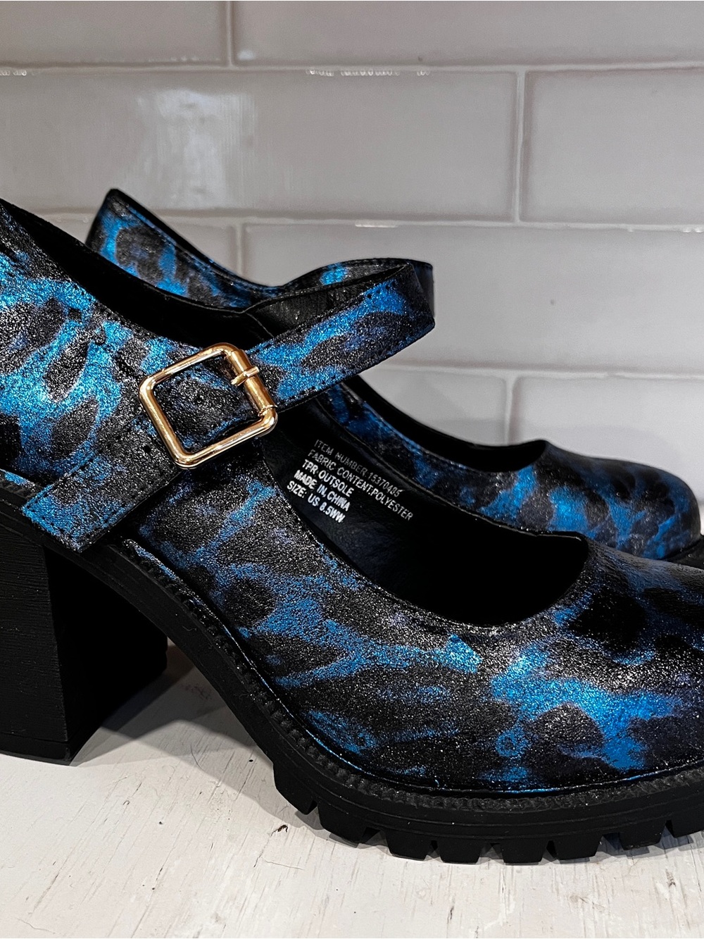 Unique Custom Foil Blue Black Leopard Torrid Mary Jane Heels size 8.5 Wide - Picture 6 of 12